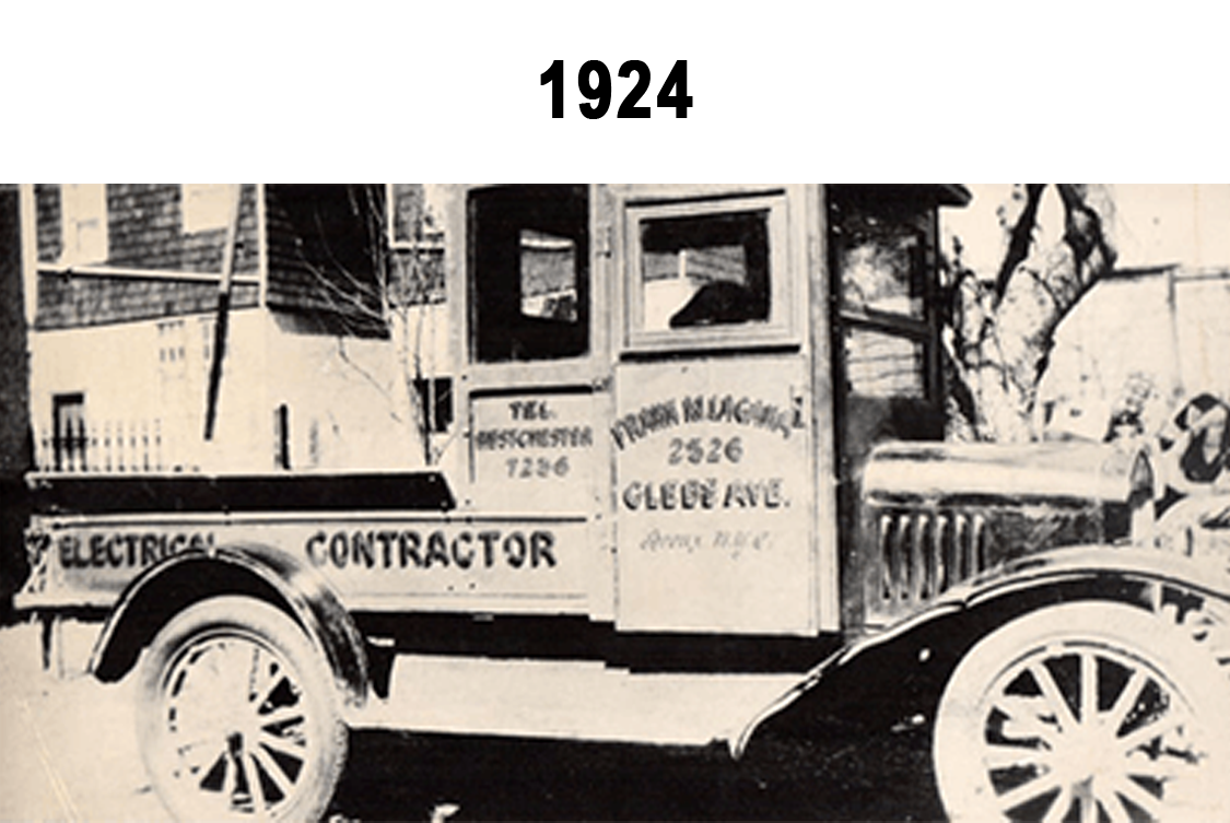 A look back into our history, a picture showing Frank M. Lagana Electric established in 1924 converting gas lamps to electric.
