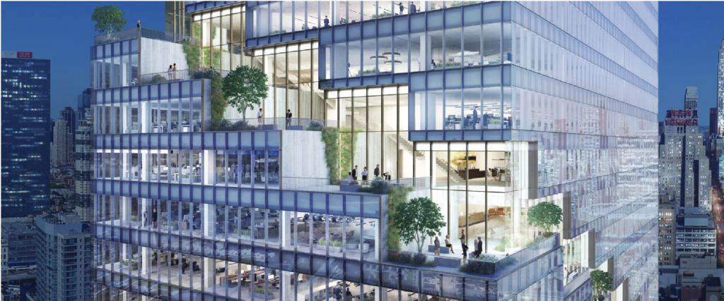 Modern office building with transparent glass windows and terraced green spaces in an urban setting.

