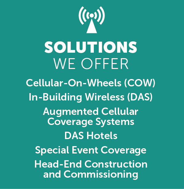 An image with the text SOLUTIONS
WE OFFER
Cellular-On-Wheels (COW)
In-Building Wireless (DAS)
Augmented Cellular
Coverage Systems
DAS Hotels
Special Event Coverage
Head-End Construction
and Commissioning
